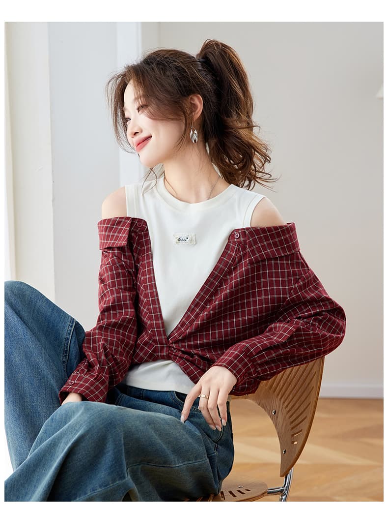 따뜻한 플러시 속삭임 봄 새로운 페이크 레이어드 패치워크 빨간색 오프숄더 체크무늬 여성 셔츠 루즈핏 긴팔 맨위 상세 이미지 14