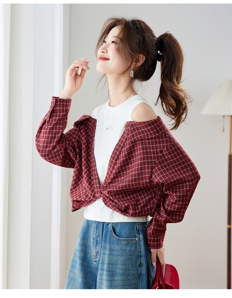 따뜻한 플러시 속삭임 봄 새로운 페이크 레이어드 패치워크 빨간색 오프숄더 체크무늬 여성 셔츠 루즈핏 긴팔 맨위 상세 이미지 16