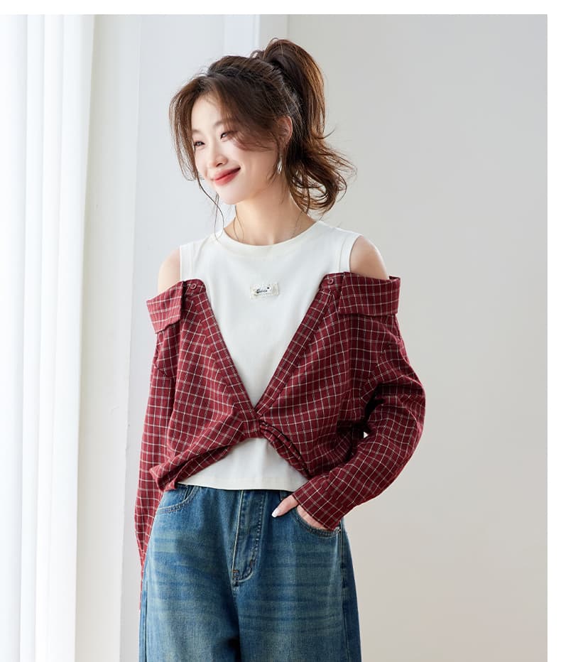 따뜻한 플러시 속삭임 봄 새로운 페이크 레이어드 패치워크 빨간색 오프숄더 체크무늬 여성 셔츠 루즈핏 긴팔 맨위 상세 이미지 18