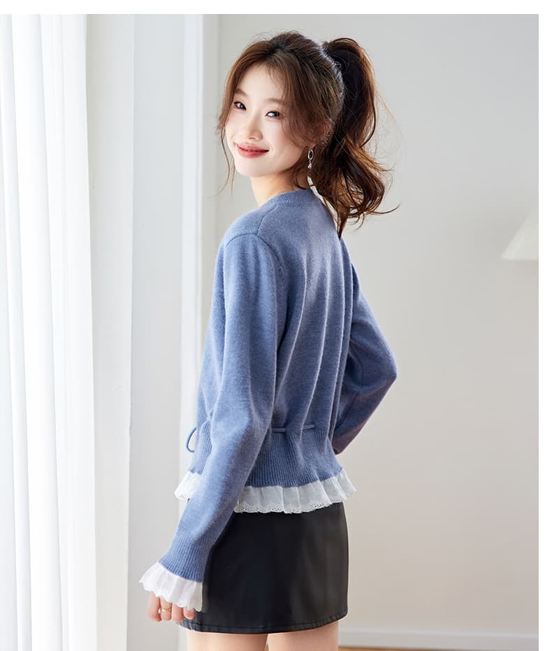 2026 가을 겨울철 새로운 니트 스웨터 여성 봄 라운드 넥 오픈 가디건 펌프 로프 레이스 레이스 파란색 맨위 상세 이미지 18