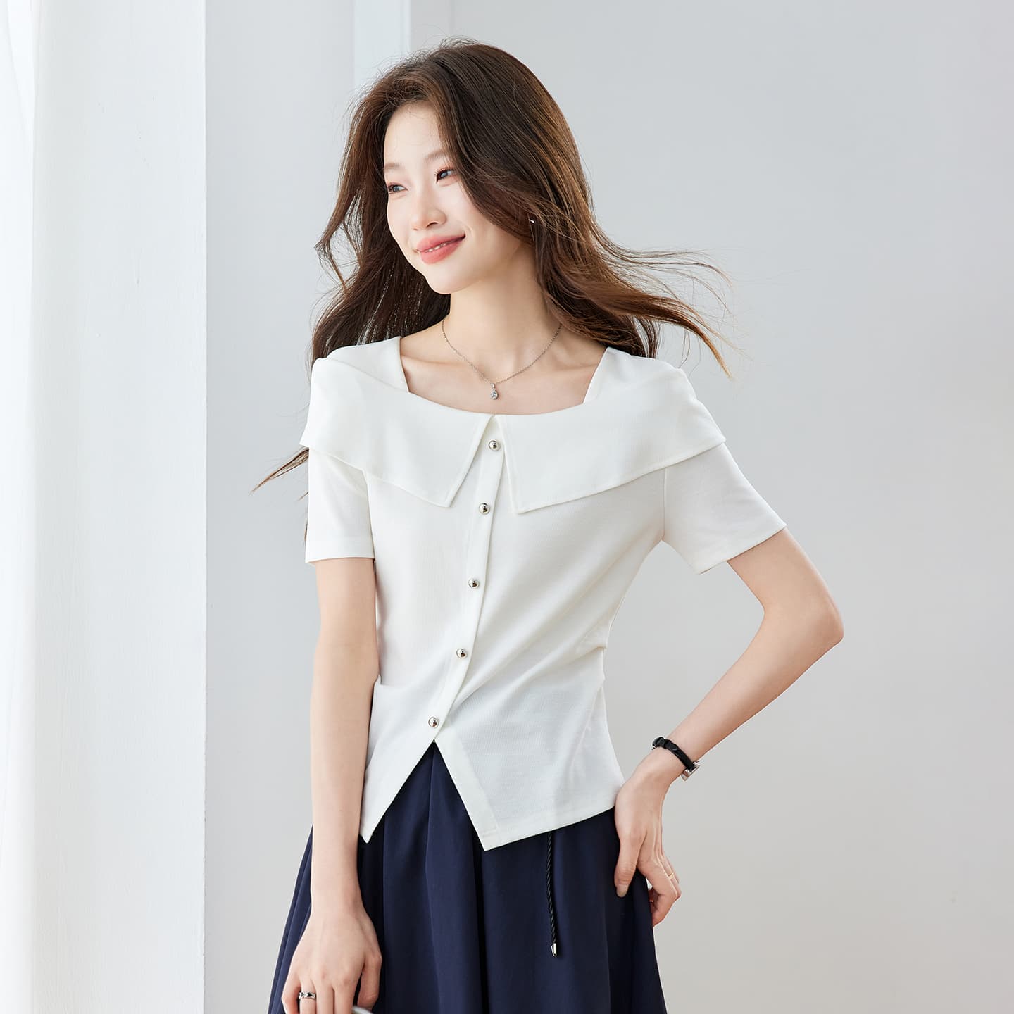 천 금빛 바람 디자인 센스 광장 칼라 티셔츠 여성 여름 반팔 패션 고유 한 아름다운 ~ 중 몸매 가꾸기 짧은 맨위
