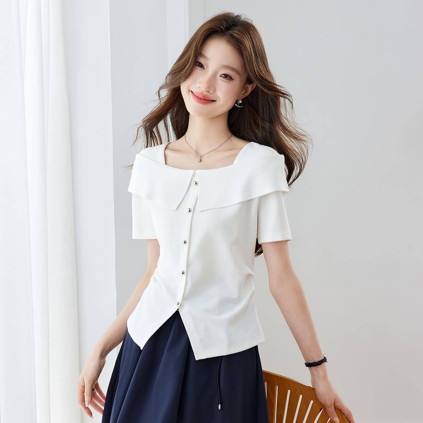 천 금빛 바람 디자인 센스 광장 칼라 티셔츠 여성 여름 반팔 패션 고유 한 아름다운 ~ 중 몸매 가꾸기 짧은 맨위 이미지 2