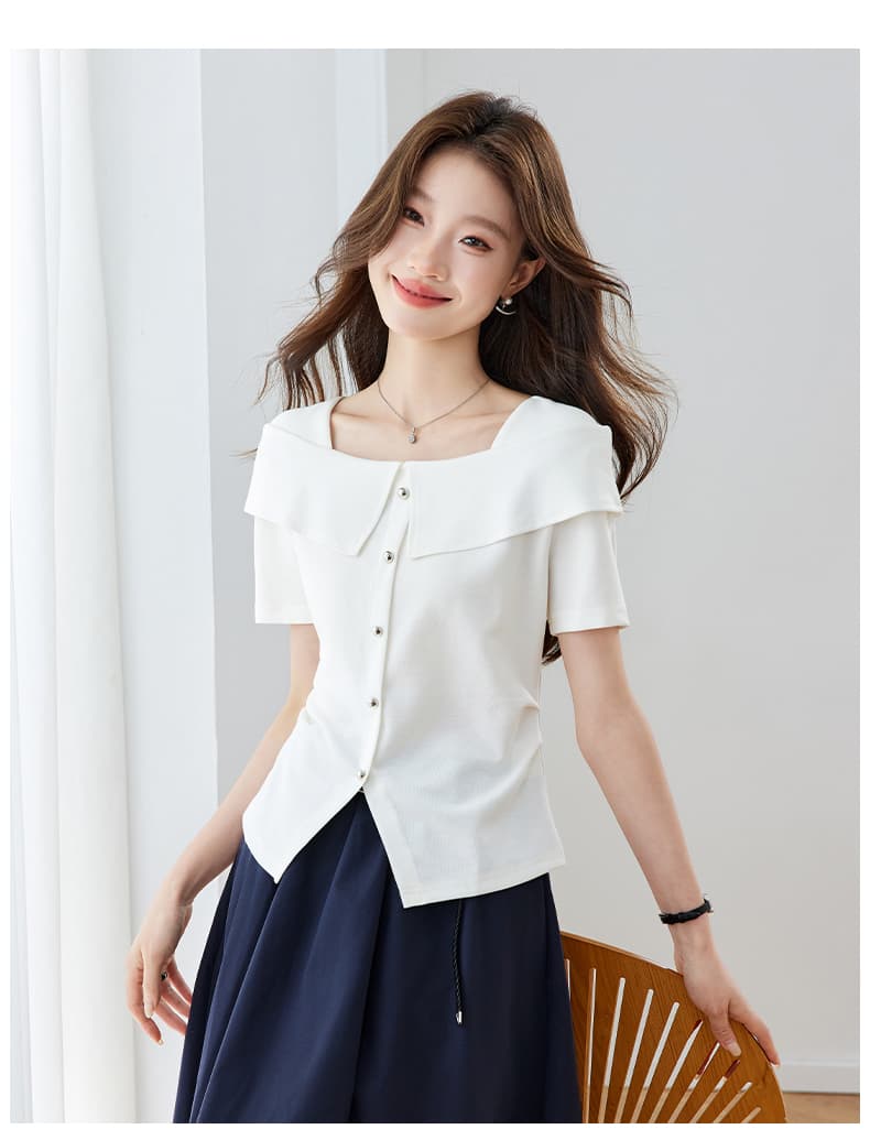천 금빛 바람 디자인 센스 광장 칼라 티셔츠 여성 여름 반팔 패션 고유 한 아름다운 ~ 중 몸매 가꾸기 짧은 맨위 상세 이미지 14