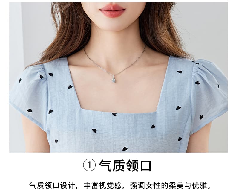 설탕 큐브 셔츠 2026 여름 하트 반팔 쉬폰 블라우스 출퇴근 광장 칼라 핀치 Pleat 부서 스트랩 프린트 맨위 상세 이미지 4