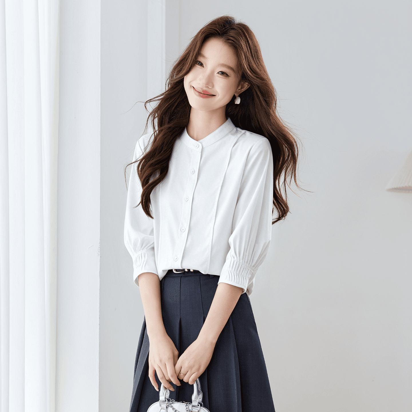 파란색 셔츠 여자 반팔 직장 면접 품격 빛 직장 출퇴근 착용 가져 가라. 긍정적 인 로드 중 경력 셔츠 이미지 3