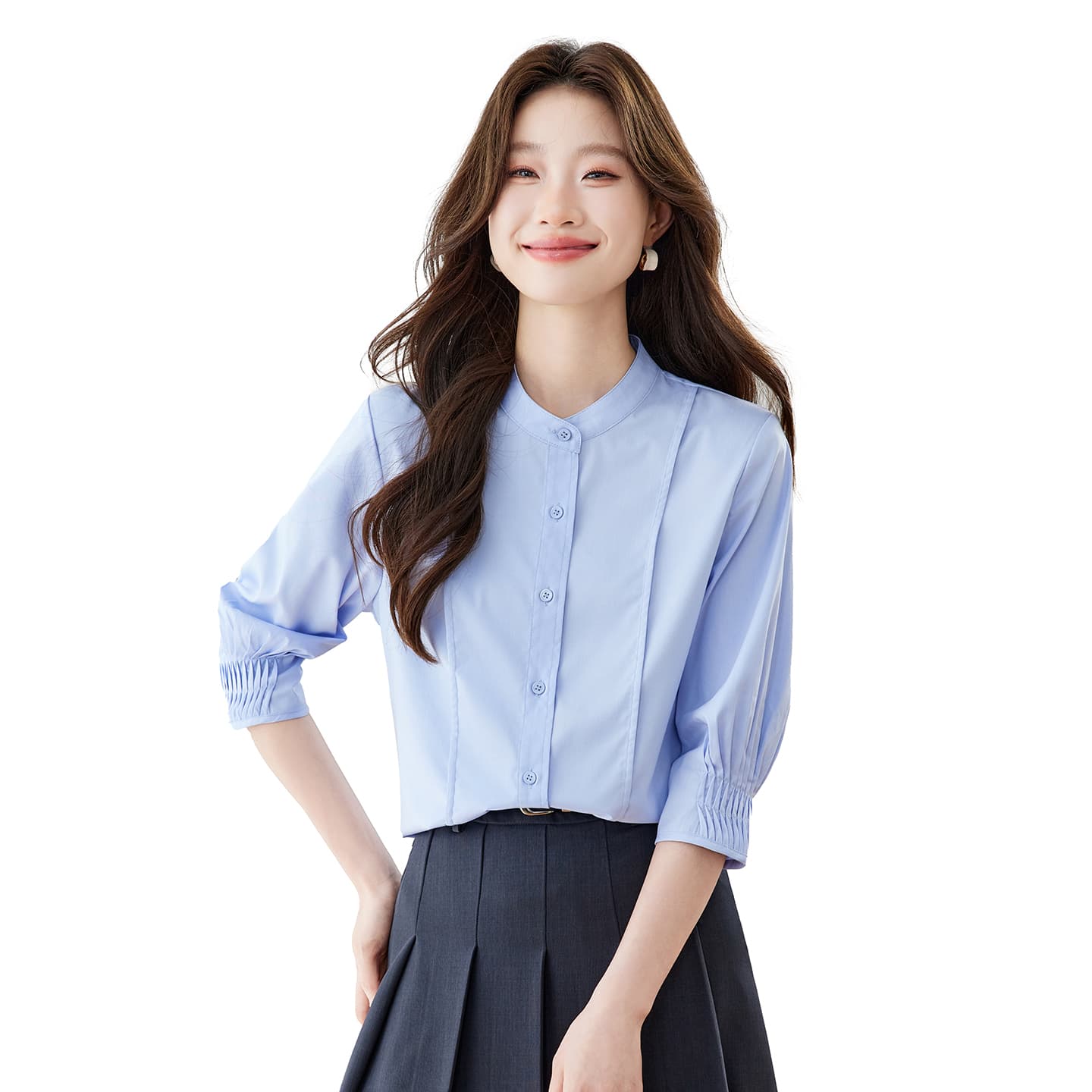 파란색 셔츠 여자 반팔 직장 면접 품격 빛 직장 출퇴근 착용 가져 가라. 긍정적 인 로드 중 경력 셔츠 이미지 5