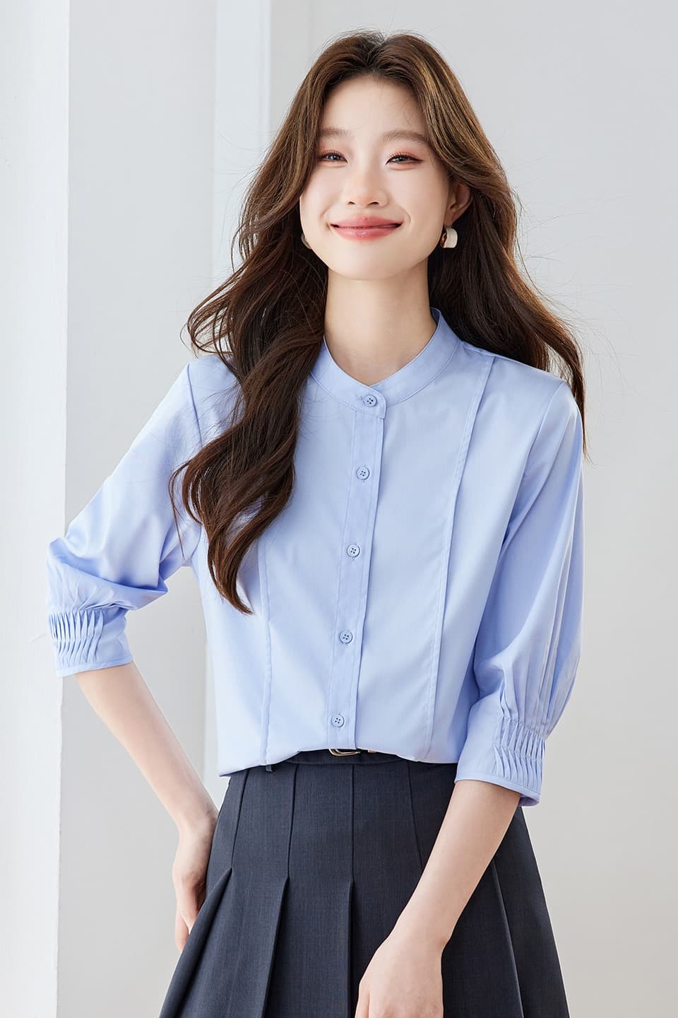 파란색 셔츠 여자 반팔 직장 면접 품격 빛 직장 출퇴근 착용 가져 가라. 긍정적 인 로드 중 경력 셔츠 이미지 6