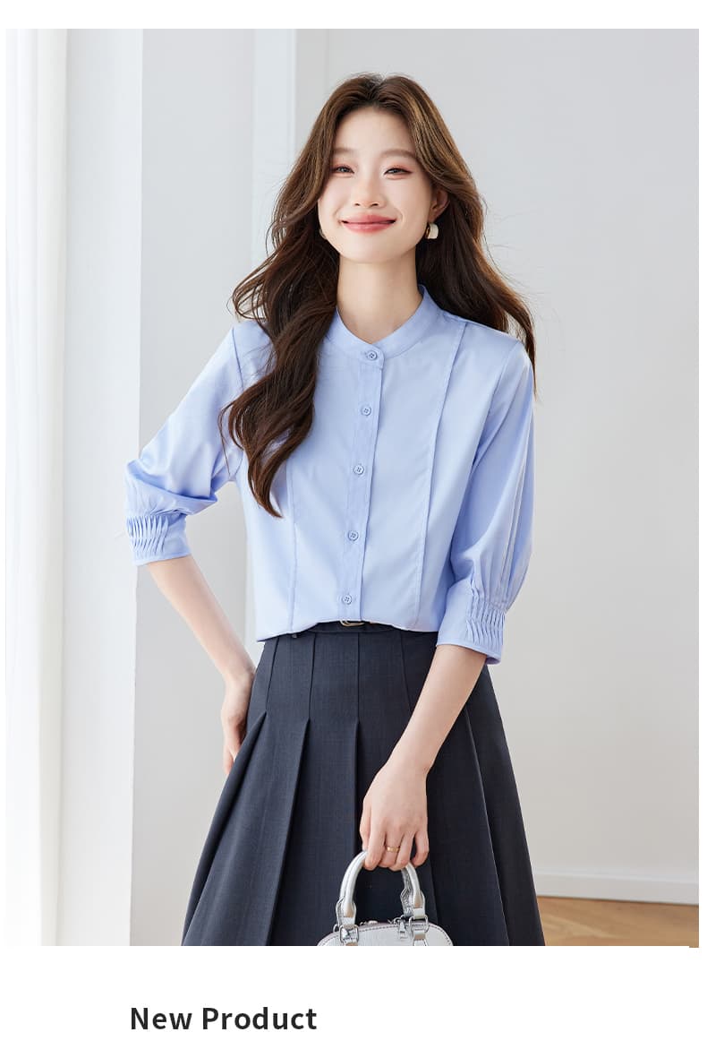 파란색 셔츠 여자 반팔 직장 면접 품격 빛 직장 출퇴근 착용 가져 가라. 긍정적 인 로드 중 경력 셔츠 상세 이미지 1