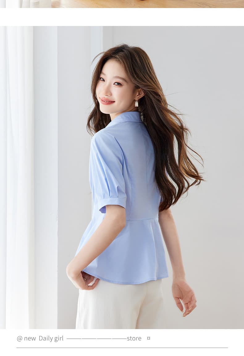 프랑스식 허리 수축 파란색 여성 셔츠 2026 여름 드레스 새로운 반팔 셔츠 빛 사람들 V넥 불규칙 맨위 상세 이미지 19