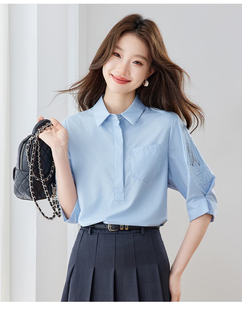 반팔 여성 셔츠 2026 새로운 여름 Chic 외국 가스 쉬폰 블라우스 맨위 프랑스식 패션 품격 셔츠 상세 이미지 16