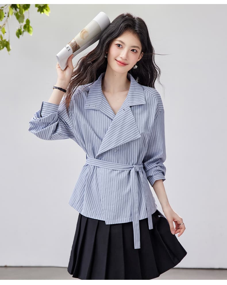 프랑스식 폴로 칼라 파란색 스트라이프 여성 셔츠 2026 가을 새로운 디자인 센스 루즈핏 출퇴근 작은 대중 맨위 상세 이미지 15