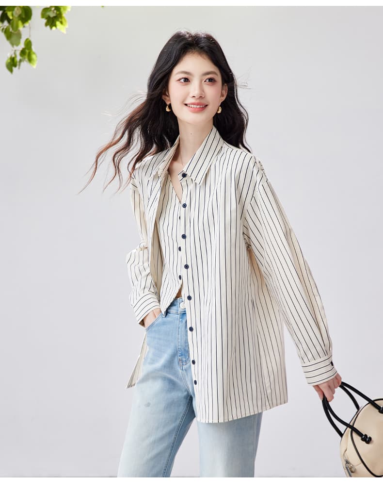 페이크 레이어드 스트라이프 여성 셔츠 2026 가을 새로운 파스텔 바람 라이 경기 서울 면 소재 외부 가져 가라. 셔츠 맨위 상세 이미지 16