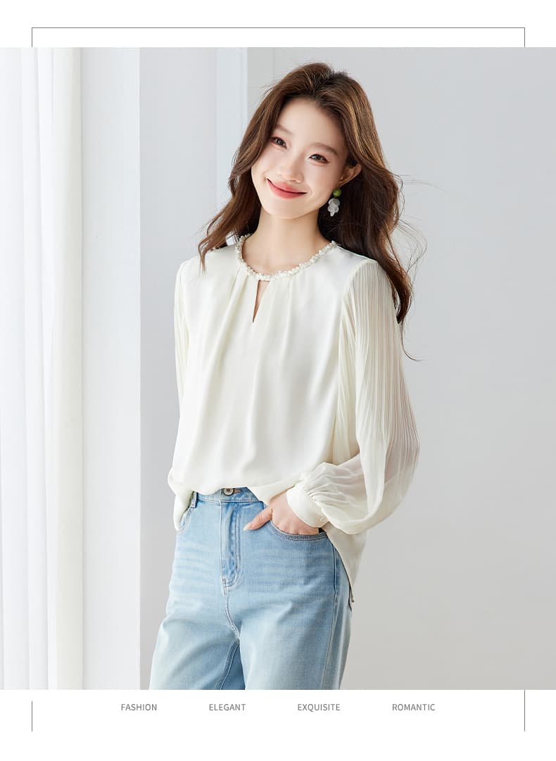 2026 새로운 프랑스식 데이트 벌룬 소매 패치워크 진주 여성 셔츠 가을 품격 홀로우 아웃 셔츠 루즈핏 맨위 상세 이미지 17