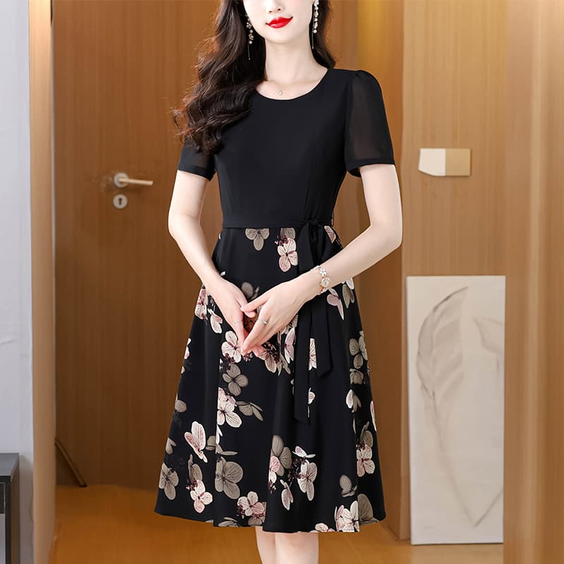 실사 품격 쉬폰 엄마 드레스 2026 여름 반팔 연령 감소 A라인 스커트 패치워크 외국 가스 우아함 이미지 3