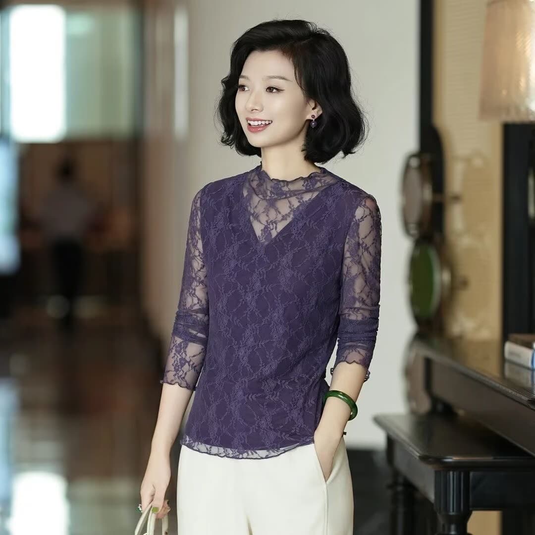 패션 다용도 품격 슬림해 보이는 홀로우 아웃 레이스 인사이드 가져 가라. 만나는 여성 셔츠 이미지 2