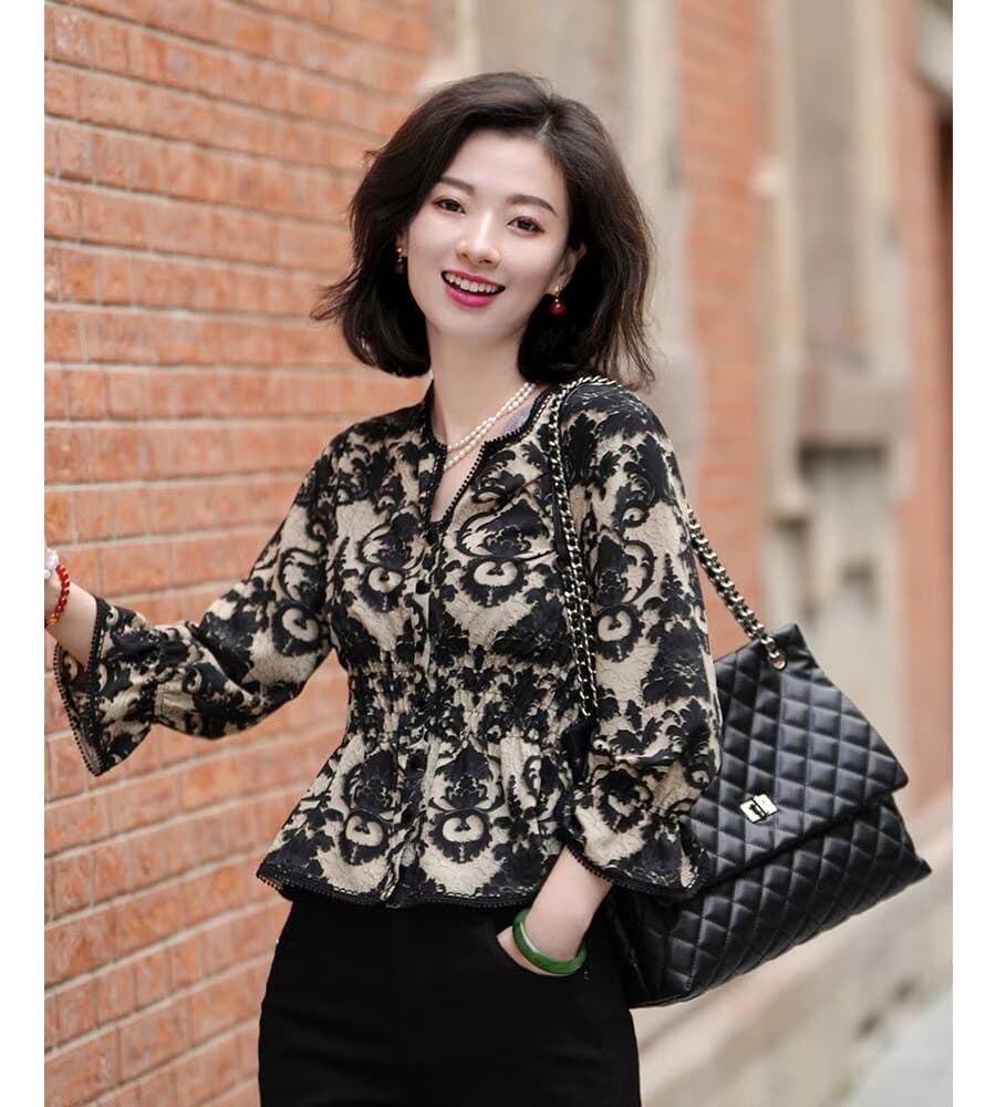 레트로 3 차원 프린트 허리 수축 명중 Pleat 레이스 V 넥 셔츠 맨위 이미지 2