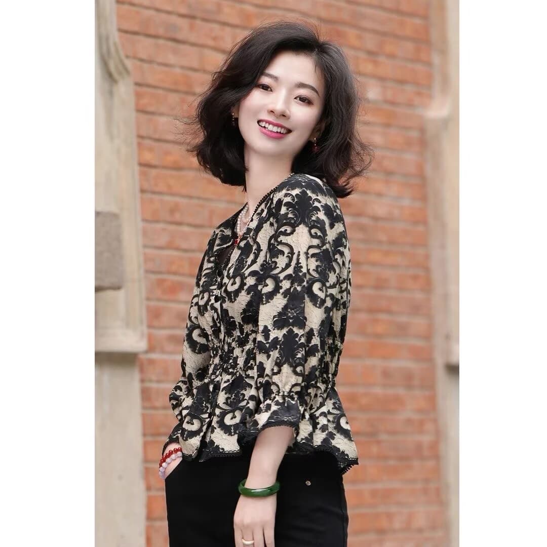 레트로 3 차원 프린트 허리 수축 명중 Pleat 레이스 V 넥 셔츠 맨위 이미지 3