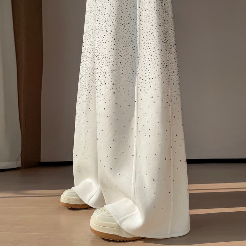 실사 2026 봄 여름 새로운 하이웨이스트 모통이 칼 바지 핫픽스 Gypsophila 스트레이트 와이드 레그 팬츠 플래시 훈련 바닥 청소 바지 여성 이미지 5