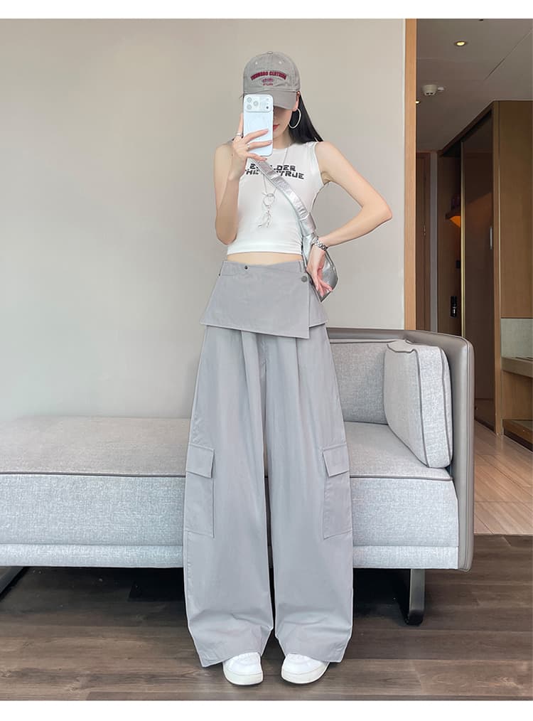 실사 2026 여름 새로운 얼음 실크 하이웨이스트 랩스커트팬츠 속도 건조한 워크웨어 팬츠 조거 넓은 다리 둘 착용 캐주얼 바지 여성 상세 이미지 66