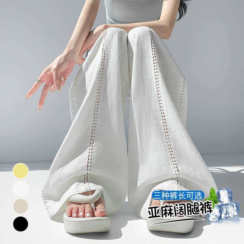 실사 2026 여름 새로운 얇은 스타일 얼음 실크 자외선 차단 홀로우 아웃 스트레이트 바닥 청소 바지 주간 실크 아마 와이드 레깅스 바지 이미지 2