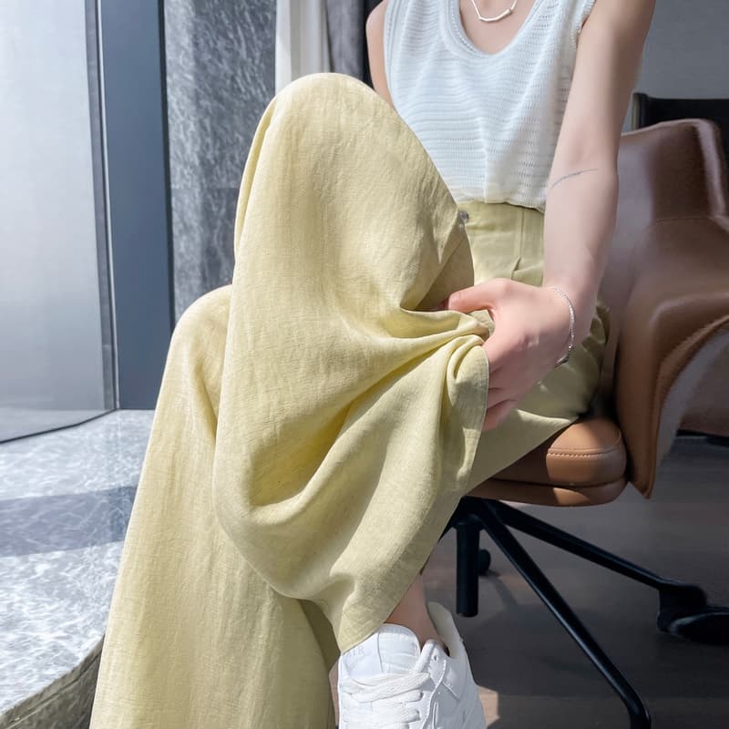 실사 2026 여름 새로운 주간 실크 아마 와이드 레그 팬츠 하이웨이스트 루즈핏 캐주얼 바지 면 린넨 바닥 청소 바지 여성 이미지 5