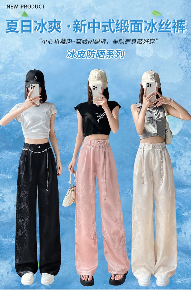 실사 2026 여름 새로운 새로운 중식 새틴 자카드 국풍 얼음 실크 자외선 차단 좁은 에디션 와이드 레깅스 바지 상세 이미지 1