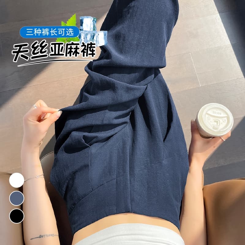 실사 2026 여름 새로운 주간 실크 아마 바지 루즈핏 와이드 레그 팬츠 하이웨이스트 캐주얼 바닥 청소 바지 여성 이미지 4