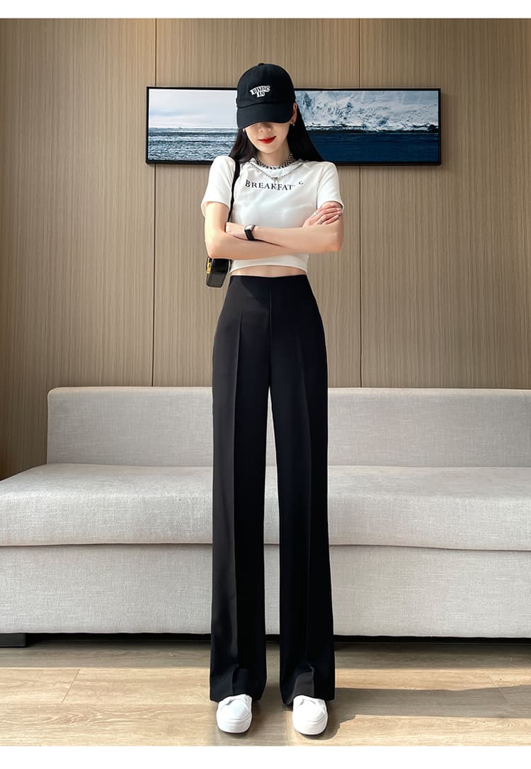 실사 2026 여름 새로운 얼음 실크 정장 바지 하이웨이스트 좁은 에디션 넓은 다리 얇은 스타일 측면 지퍼 부츠컷 바닥 청소 바지 여성 상세 이미지 42