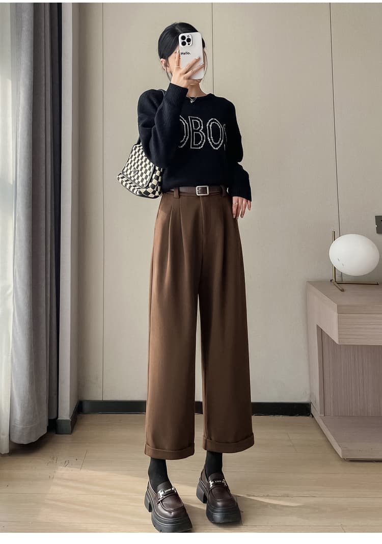 실사 2026 가을 겨울 새로운 커피 색상 하이웨이스트 9 포인트 캐주얼 바지 모직 스트레이트 팬츠 털이 있는 정장 바지 여성 상세 이미지 57