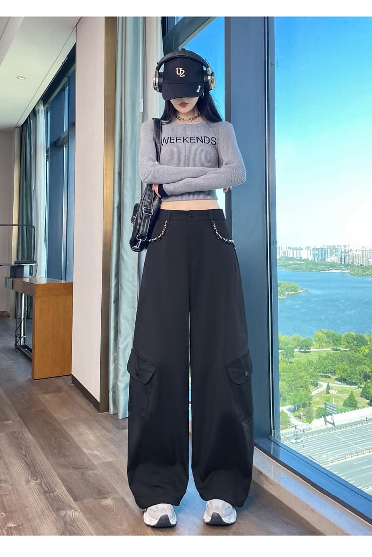 실사 2026 가을 새로운 하이웨이스트 캐주얼 둘 착용 운동 바지 바닥 청소 바지 모통이 칼 워크웨어 팬츠 털이 있는 와이드 레그 팬츠 상세 이미지 39