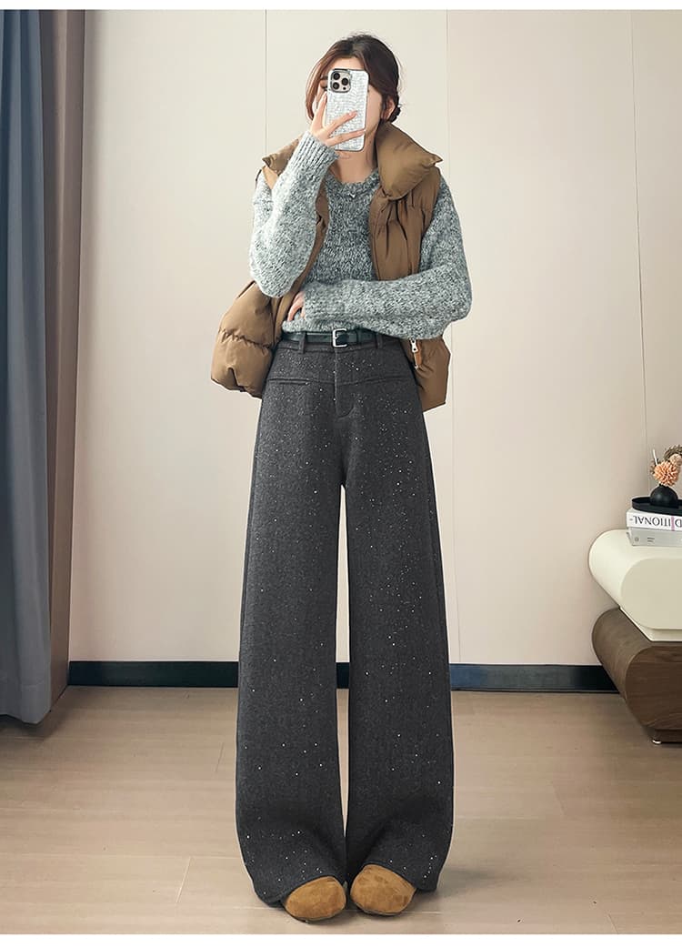 실사 2026 가을 새로운 와이드 레깅스 바지 아세트산 양모 털이 있는 모통이 칼 바지 모직 바지 하이웨이스트 찹쌀 바지 상세 이미지 46