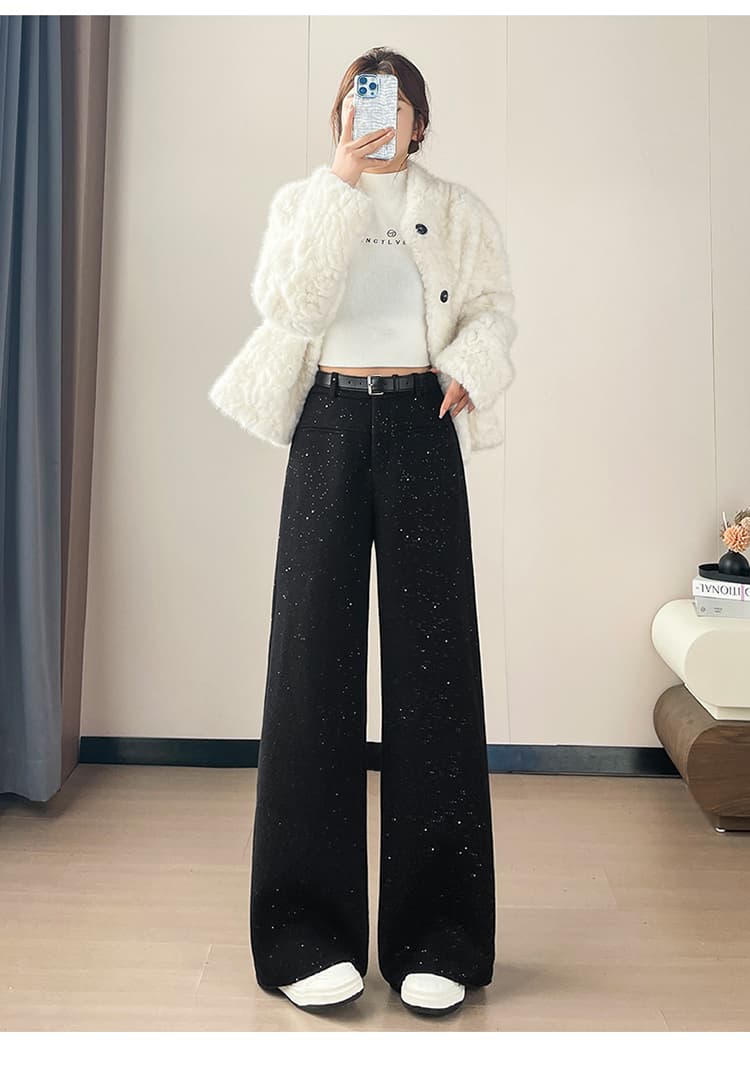 실사 2026 가을 새로운 와이드 레깅스 바지 아세트산 양모 털이 있는 모통이 칼 바지 모직 바지 하이웨이스트 찹쌀 바지 상세 이미지 50