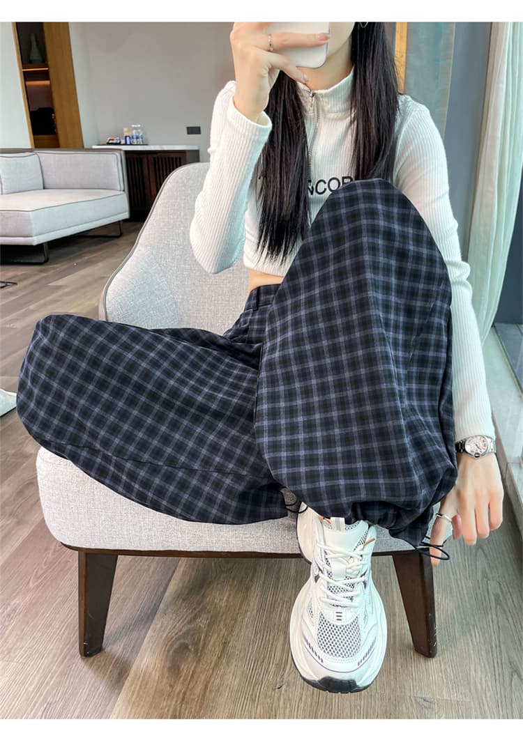 실사 2026 가을 새로운 레트로 체크무늬 모통이 칼 바지 워크웨어 팬츠 하이웨이스트 조거 넓은 다리 둘 착용 운동 바지 여성 상세 이미지 36