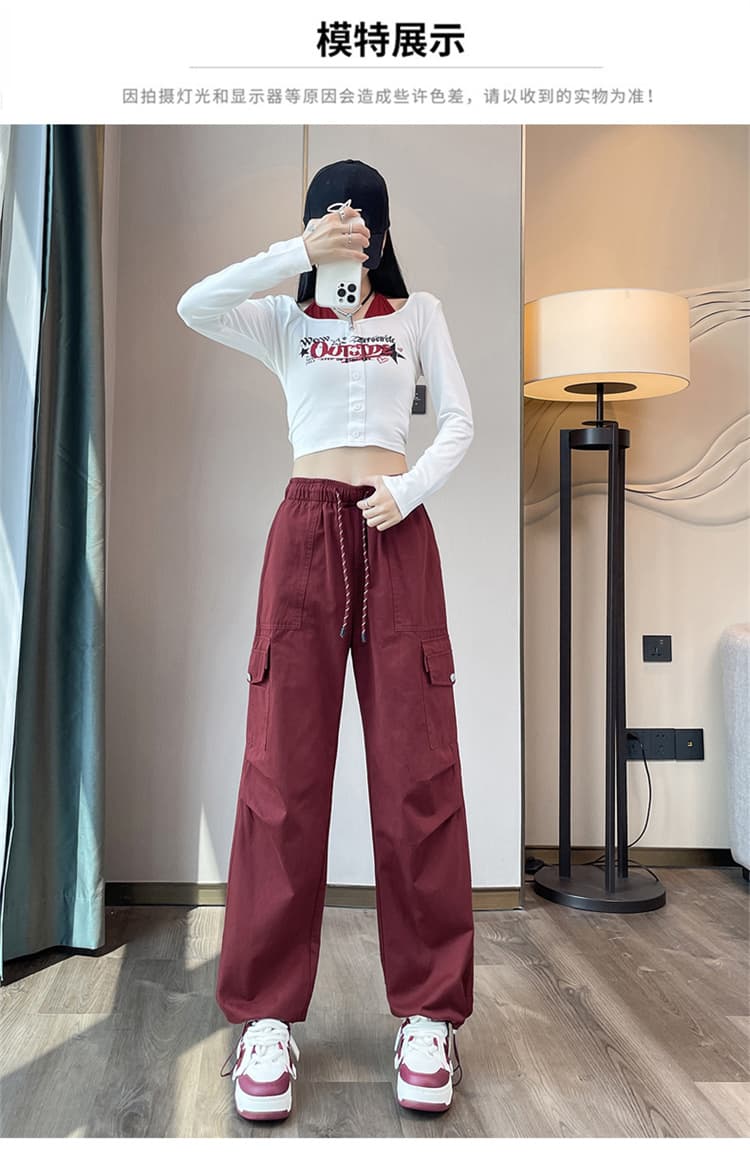 실사 2026 가을 새로운 앤 코라 빨간색 워크웨어 팬츠 주간 실크 코튼 조거 넓은 다리 둘 착용 운동 바지 여성 상세 이미지 34