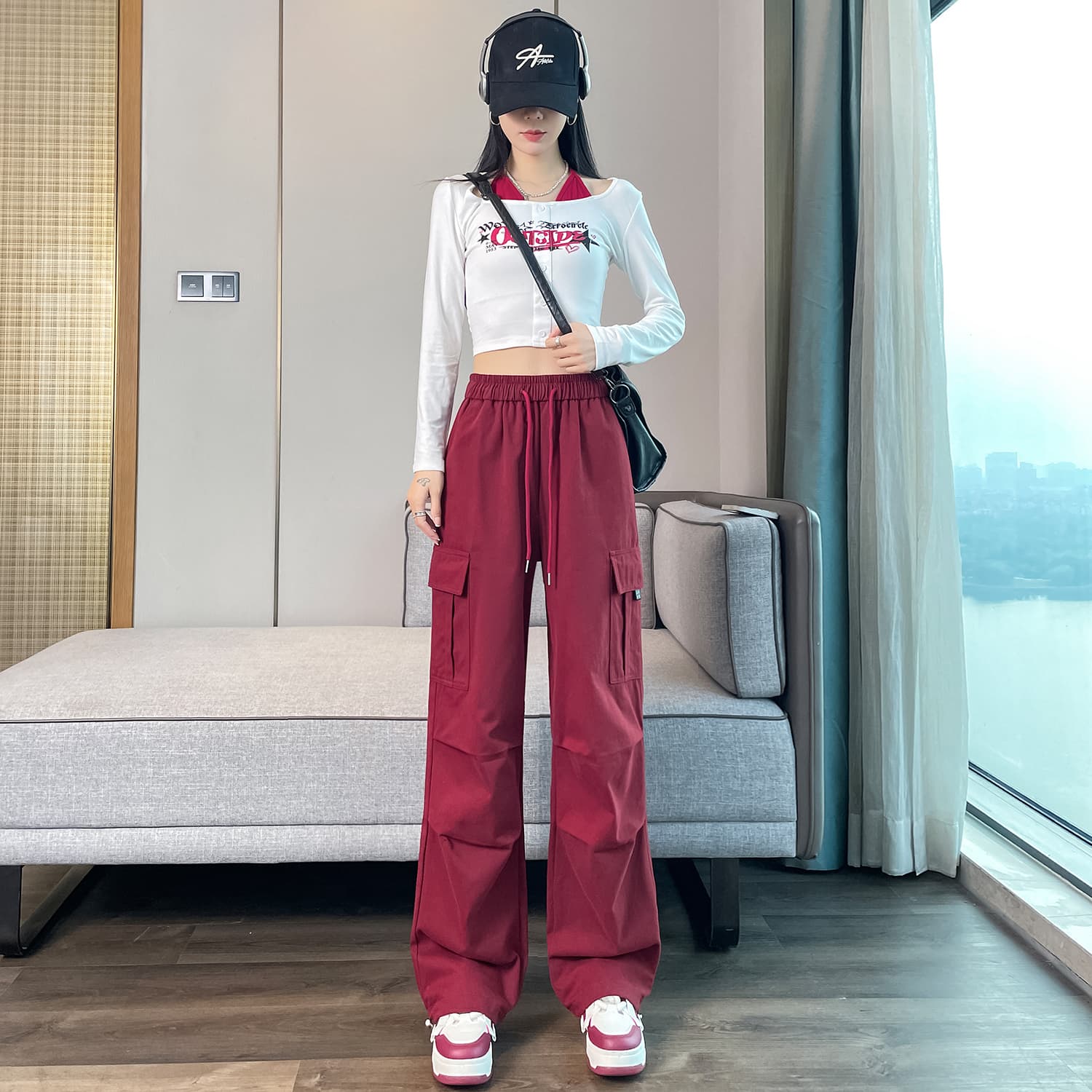 실사 2026 가을 새로운 앤 코라 빨간색 워크웨어 팬츠 주간 실크 코튼 조거 넓은 다리 둘 착용 운동 바지 여성 이미지 3