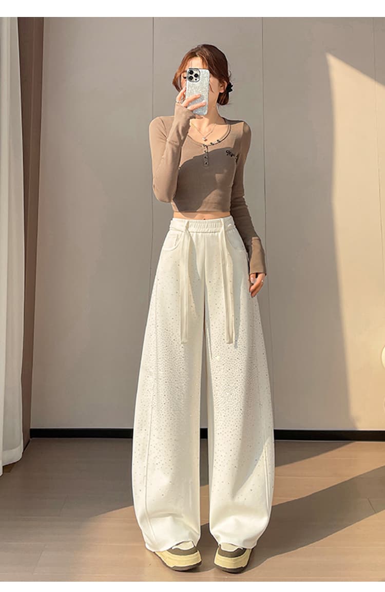 실사 2026 여름 새로운 하이웨이스트 모통이 칼 바지 핫픽스 Gypsophila 스트레이트 와이드 레그 팬츠 플래시 훈련 바닥 청소 바지 여성 상세 이미지 56