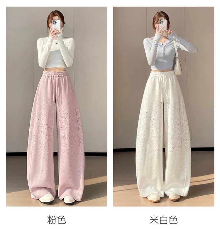 실사 2026 가을 새로운 하이웨이스트 모통이 칼 바지 핫픽스 Gypsophila 스트레이트 와이드 레그 팬츠 플래시 훈련 바닥 청소 바지 여성 상세 이미지 40