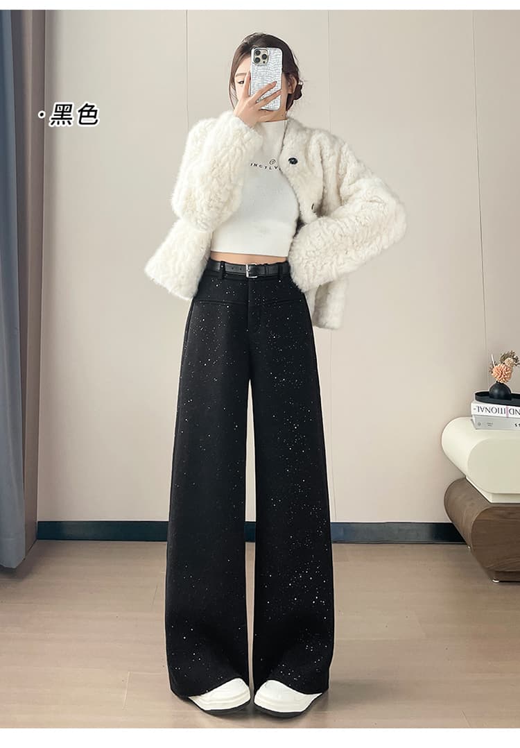 실사 2026 가을 새로운 정장 와이드 레그 팬츠 아세트산 양모 털이 있는 모통이 칼 바지 모직 바지 하이웨이스트 찹쌀 바지 상세 이미지 48