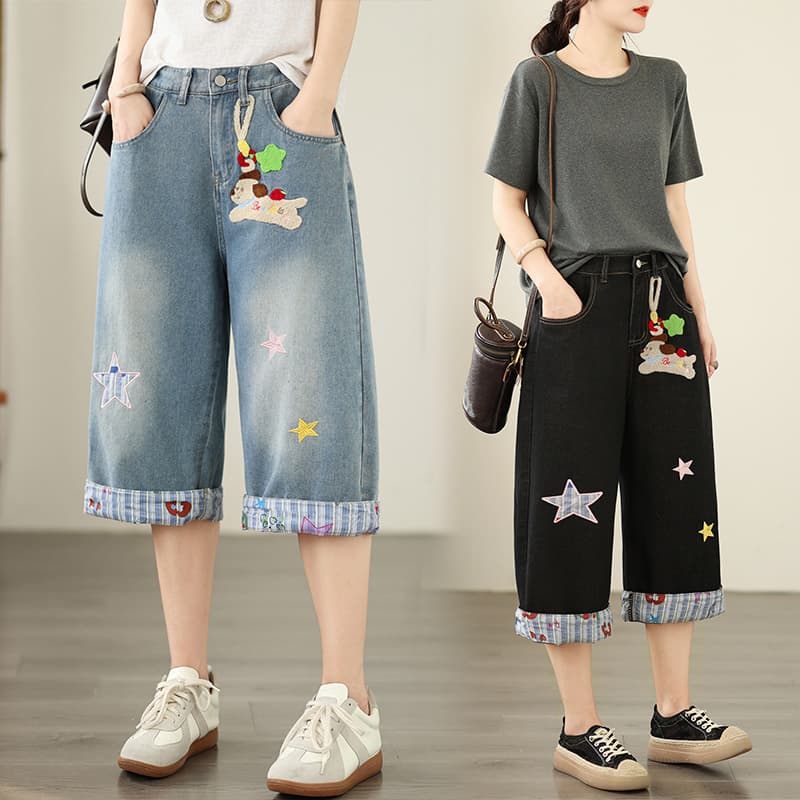 실사 봄 여름 새로운 수건 자수 강아지 루즈핏 슬림해 보이는 7 분 스트레이트 팬츠