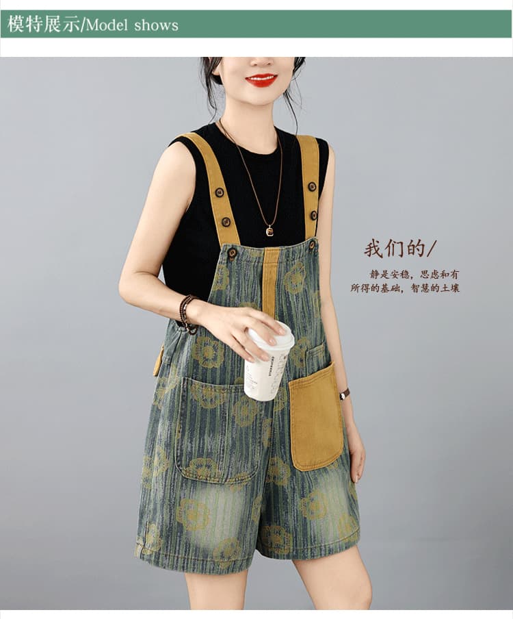 실사 문예 빅 사이즈 프린트 데님 멜빵 반바지 배색 주머니 캐주얼 반바지 상세 이미지 7