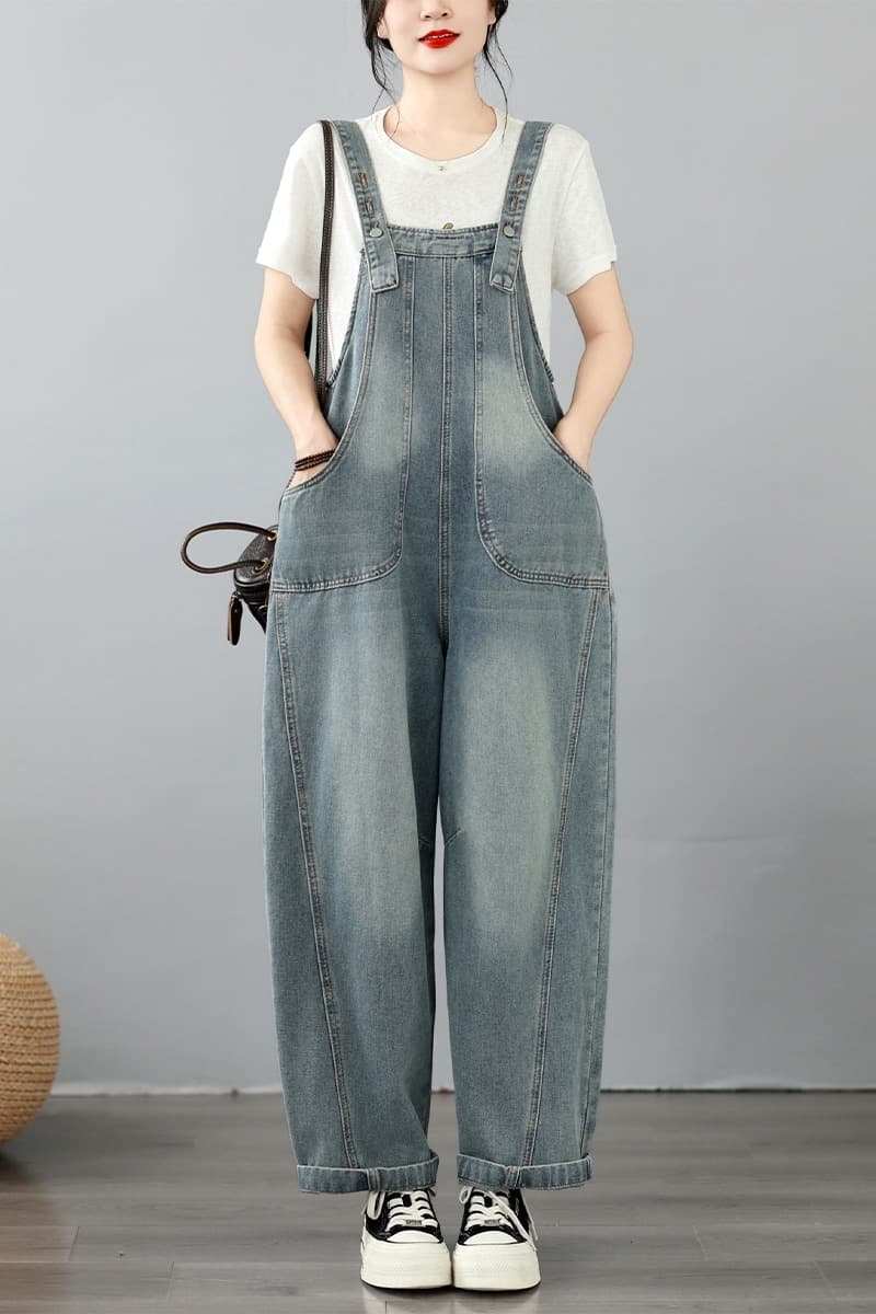 실사 이른 가을 새로운 장식 빅 포켓 데님 멜빵 바지 캐주얼 모통이 칼 바지 이미지 6