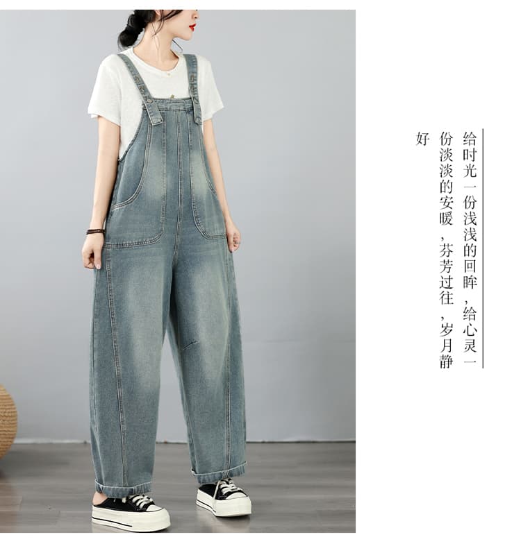실사 이른 가을 새로운 장식 빅 포켓 데님 멜빵 바지 캐주얼 모통이 칼 바지 상세 이미지 10