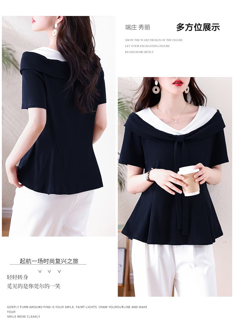 빅 사이즈 V넥 반팔 티셔츠 여성 여름 착용 가져 가라. 고급 센스 리본 프릴 맨위 상세 이미지 6