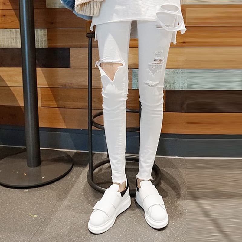 eva 6 월 6 월 소스 한 부서 하이웨이스트 펭 넓적 다리 신축성 찢어진 부분 데님 작은 발 바지 여성 밝은색 타이트 다용도 스키니진 이미지 4