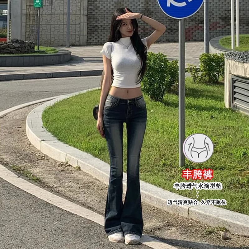 진짜 펭 넓적 다리 토끼 버블 꽃차 로우 웨이스트 부츠컷 청바지 한국 타이트 핫걸 슬림해 보이는 몸매 가꾸기 여성 이미지 4