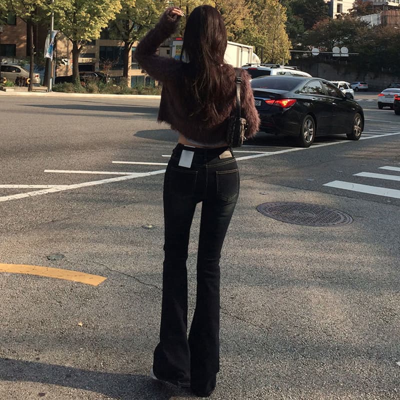 진짜 펭 넓적 다리 청바지 기초 섹션 몸매 가꾸기 디자인 센스 v 허리 로우 웨이스트 높음 폭탄 데님 부츠컷 바지 타이트 긴 바지 이미지 5