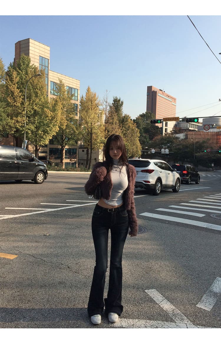 진짜 펭 넓적 다리 청바지 기초 섹션 몸매 가꾸기 디자인 센스 v 허리 로우 웨이스트 높음 폭탄 데님 부츠컷 바지 타이트 긴 바지 상세 이미지 7