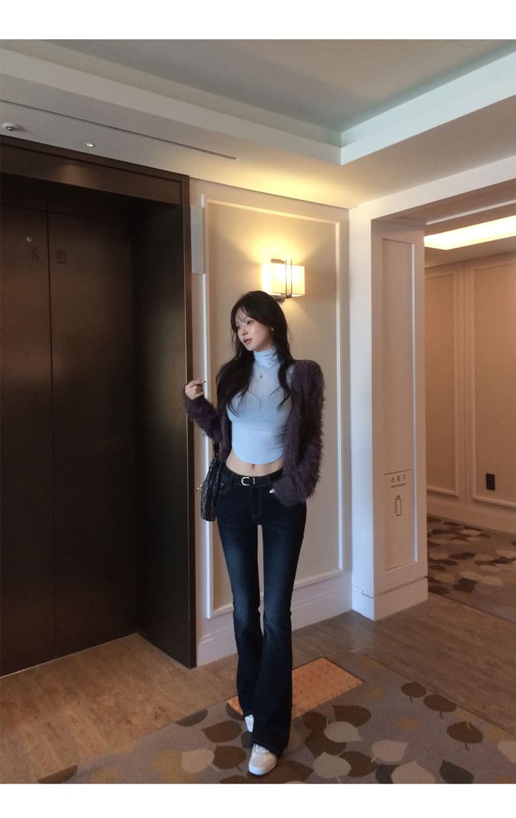 진짜 펭 넓적 다리 청바지 기초 섹션 몸매 가꾸기 디자인 센스 v 허리 로우 웨이스트 높음 폭탄 데님 부츠컷 바지 타이트 긴 바지 상세 이미지 10