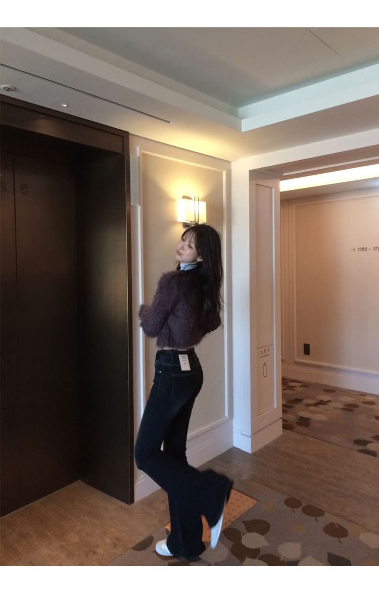 진짜 펭 넓적 다리 청바지 기초 섹션 몸매 가꾸기 디자인 센스 v 허리 로우 웨이스트 높음 폭탄 데님 부츠컷 바지 타이트 긴 바지 상세 이미지 12