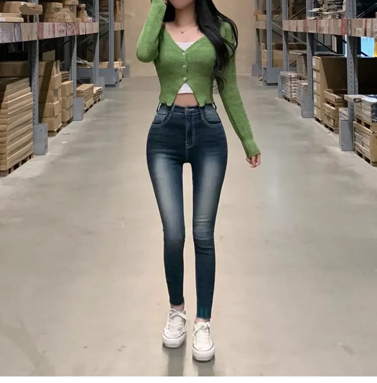 진짜 펭 넓적 다리 chill 챠오어 아름다운 다리 레트로 연삭 화이트 워싱 블루 9 포인트 작은 청바지 몸매 가꾸기 스키니진 상세 이미지 7